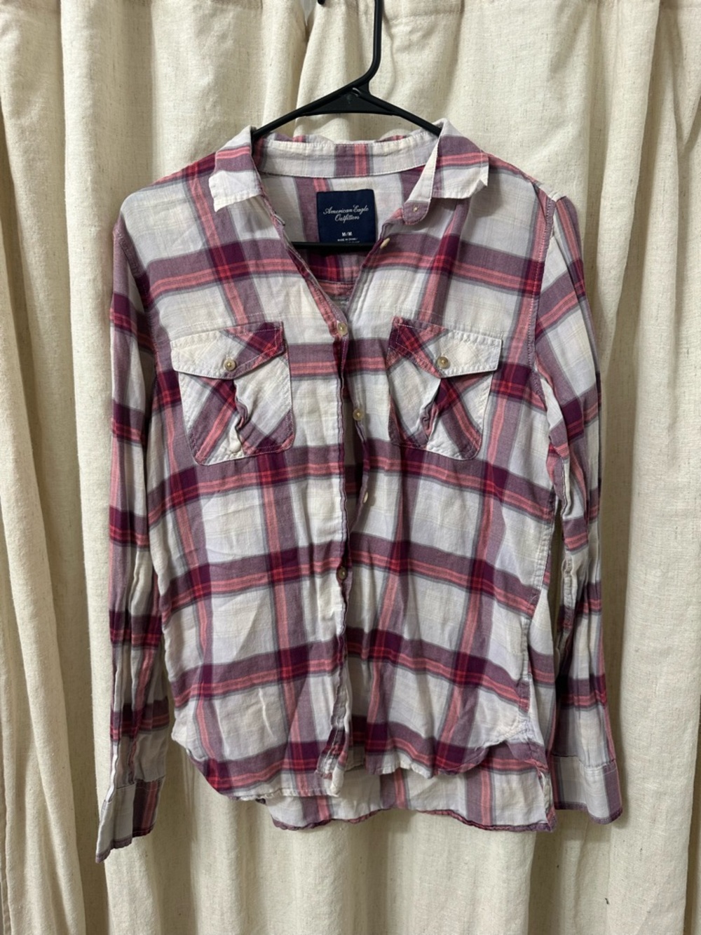 American Eagle Outfitters Pink & White Plaid Button-Up Shirt